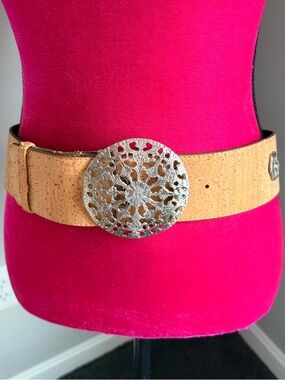 Pelcor Genuine Leather & Cork Belt w/ Ornate Silver Filigree Buckle